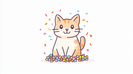 cheerful cat surrounded by colorful confetti, exuding joy and playfulness. This minimalist illustration captures essence of celebration and fun