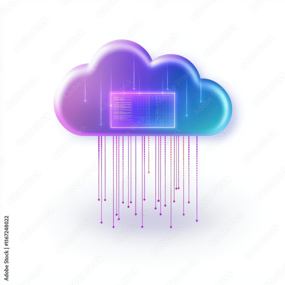 Poster a vibrant cloud graphic with digital elements, symbolizing cloud computing and data flow.