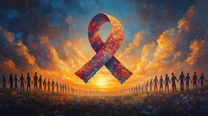Autism Awareness Puzzle Ribbon Symbol with Diverse Silhouettes and Supportive Community