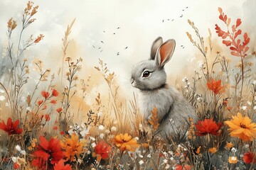 A serene rabbit in a vibrant autumn meadow filled with colorful flowers and gentle foliage.