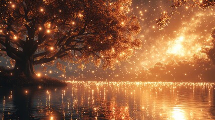 Enchanted Lake: A Glimmering Night Underneath a Magical Tree