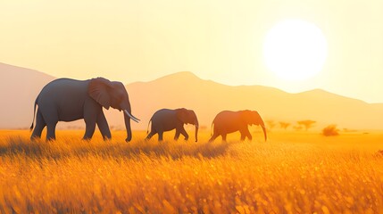 A serene sunset scene with elephants walking through golden grasslands.
