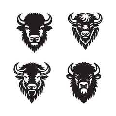 Bison Face Silhouette Vector Set - Detailed Wildlife Illustrations in Black and White	
