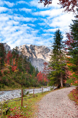 Colorful autumn landscape at Großer Ahornboden in the Karwendel Mountains, Austria – forest with fall foliage, rocky peaks and dramatic sky
