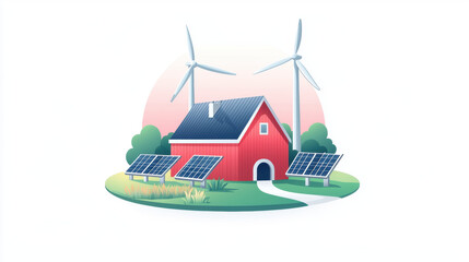 red farm house with solar panels and wind turbines, surrounded by greenery, symbolizes sustainable energy and eco friendly living