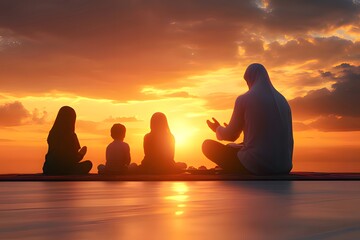 A group of four people meditating during a vibrant sunset by the sea.