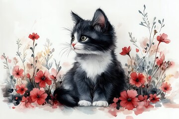 A cute black and white kitten sits among colorful flowers, creating a serene and artistic scene.