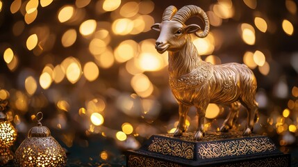 Golden Ram Figurine Against a Sparkling Background