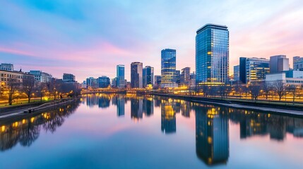 Fototapeta premium Serene Cityscape Reflecting in a Peaceful River at Dusk
