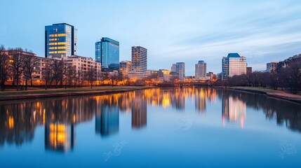 Fototapeta premium Majestic City Skyline Reflecting in Tranquil River During Blue Hour
