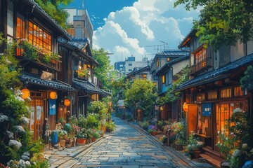 charming tokyo neighborhood during the evening featuring cozy houses illuminated by soft lights with a whimsical anime art style that brings the scene to life in a vibrant way