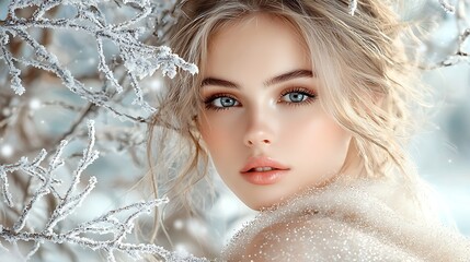 High fashion portrait ethereal model red sparkle makeup snow forest golden hour premium quality Ultra-Realistic, Photo Realistic, highly detailed, 