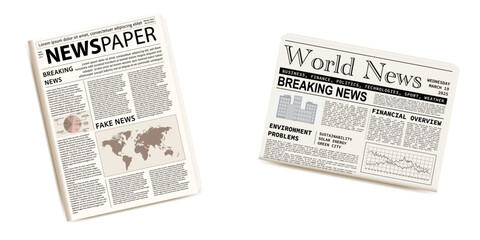 Pile of newspapers on white background. Stack of newspapers. Paper waste. Newspaper header footer. Newspaper border. Vector illustration