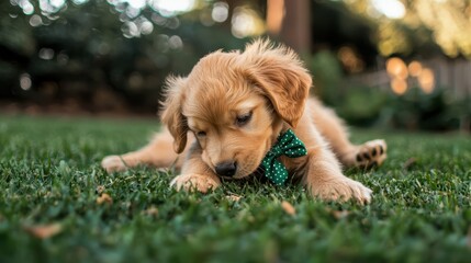 Adorable Golden Retriever Puppy Playing in the Grass