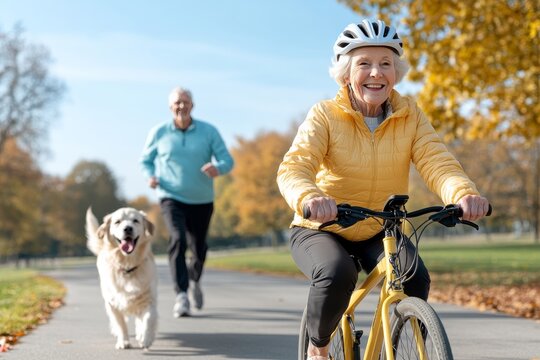 An elderly woman riding a bicycle on a paved park trail. Generative AI - Powered by Adobe