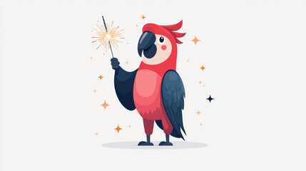 colorful parrot holding sparkler, surrounded by stars and sparkles, exuding festive and joyful atmosphere. Perfect for celebrations and cheerful designs