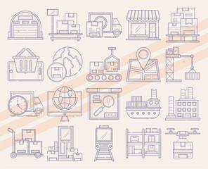 More vector icons related to logistics and delivery services featuring trucks cargo and shipping elements