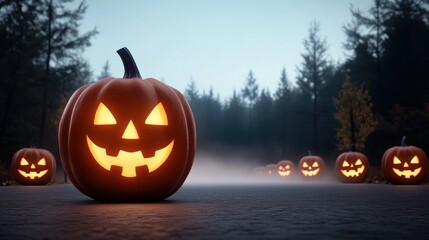 Fototapeta premium Spooky Halloween scene with glowing jack-o'-lanterns on a foggy path.