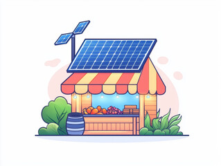 colorful fruit market stall with solar panels, showcasing fresh produce and greenery. vibrant design emphasizes sustainability and eco friendliness