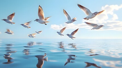 Obraz premium A serene scene of seagulls flying over calm ocean waters reflecting the sky.