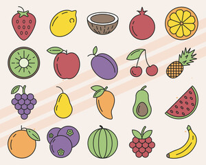 Vector icons representing various fruits and berries including apples strawberries and bananas