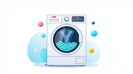 modern washing machine with colorful detergent balls inside, set against minimalist background. This design emphasizes cleanliness and efficiency in laundry tasks