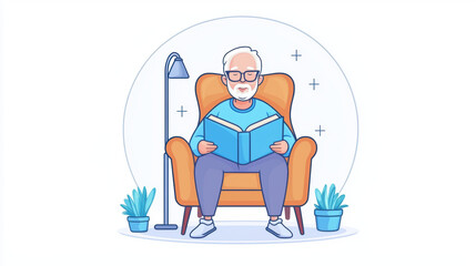 cozy elderly man reading book in comfortable armchair, surrounded by plants and lamp, creating warm atmosphere