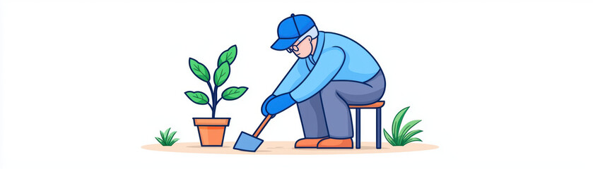 Gardener planting small plant in pot, elderly man, blue attire, sitting on stool, gardening tools, green leaves, outdoor setting, nurturing nature, peaceful activity