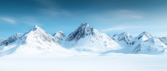 Obraz premium Majestic snow covered mountains under clear blue sky create breathtaking panoramic view. serene landscape evokes sense of tranquility and wonder