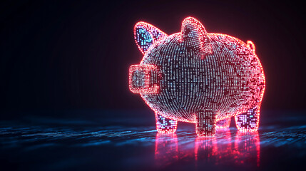 vibrant pixelated piggy bank glows with neon colors, symbolizing savings and financial growth. Its unique design captures attention and inspires creativity