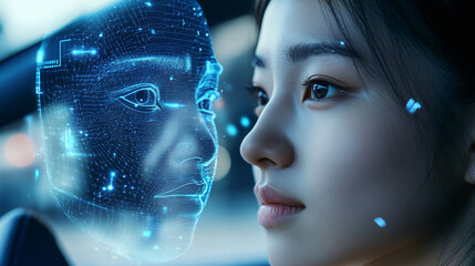 AI-powered facial recognition in automotive technology, enabling driver identification and seat adjustments based on facial features for a personalized experience.AI-powered facial recognition in auto