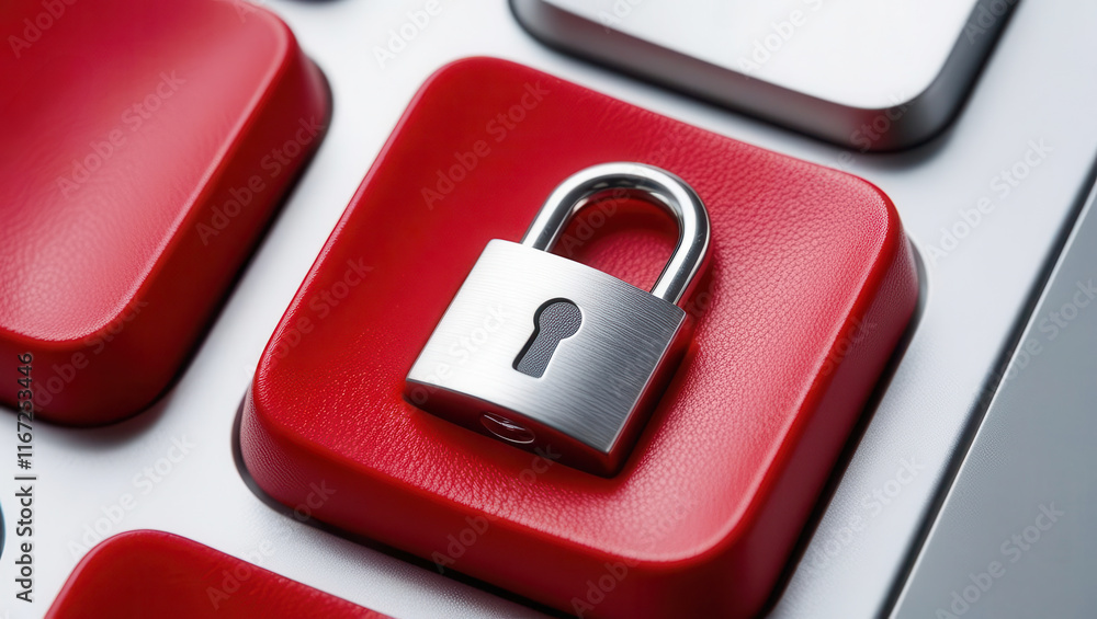 Poster closeup security lock sign icon on keyboard button. a close-up of a silver padlock resting on a red 
