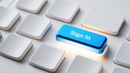 Closeup "sign in" on keyboard button. A close-up of a keyboard highlighting a blue "Sign In" button, emphasizing digital access and user interaction.