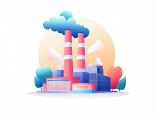 Obraz premium colorful factory with smokestacks and trees, set against soft gradient background. design features vibrant colors and minimalist style, evoking modern industrial feel