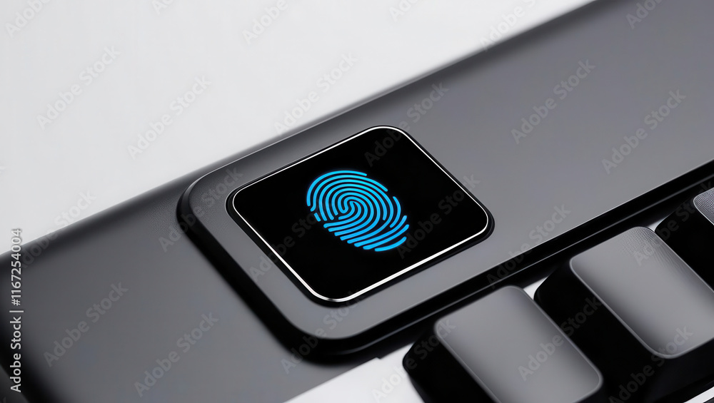 Aufkleber closeup fingerprint scanner sign on keyboard button. a close-up of a fingerprint scanner on a sleek 