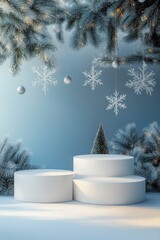 Winter Wonderland Stage with Snowflakes and Trees
