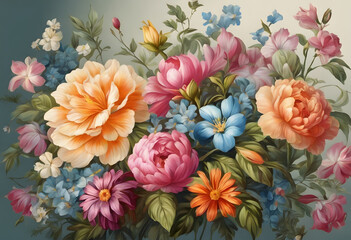 A vibrant floral pattern featuring large peonies, lilies, and other assorted flowers in shades of coral, white, and green against a dark background.