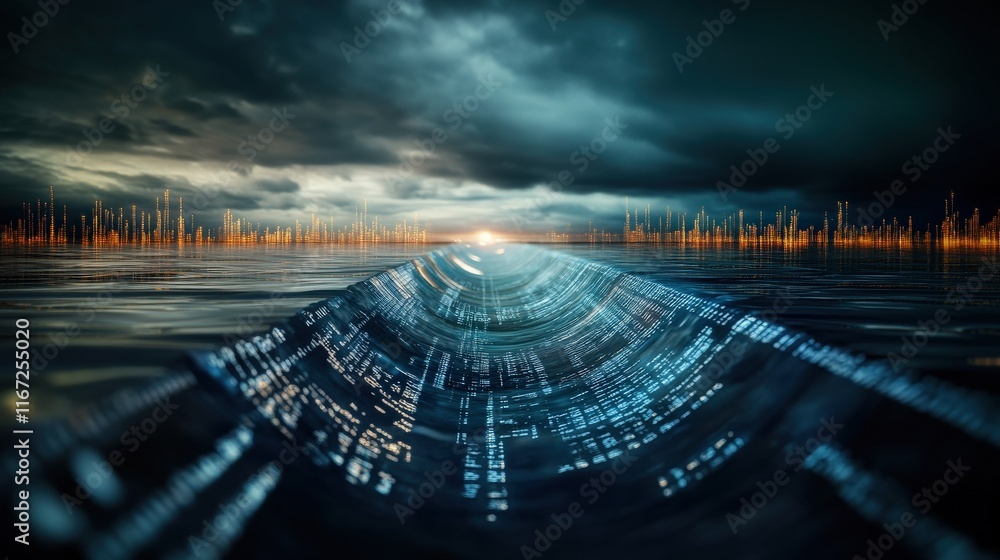 Aufkleber Surreal Digital Wave with Binary Code Flowing Under Dramatic Cloudy Sky at Dusk, Representing Technology and Innovation in Nature's Element