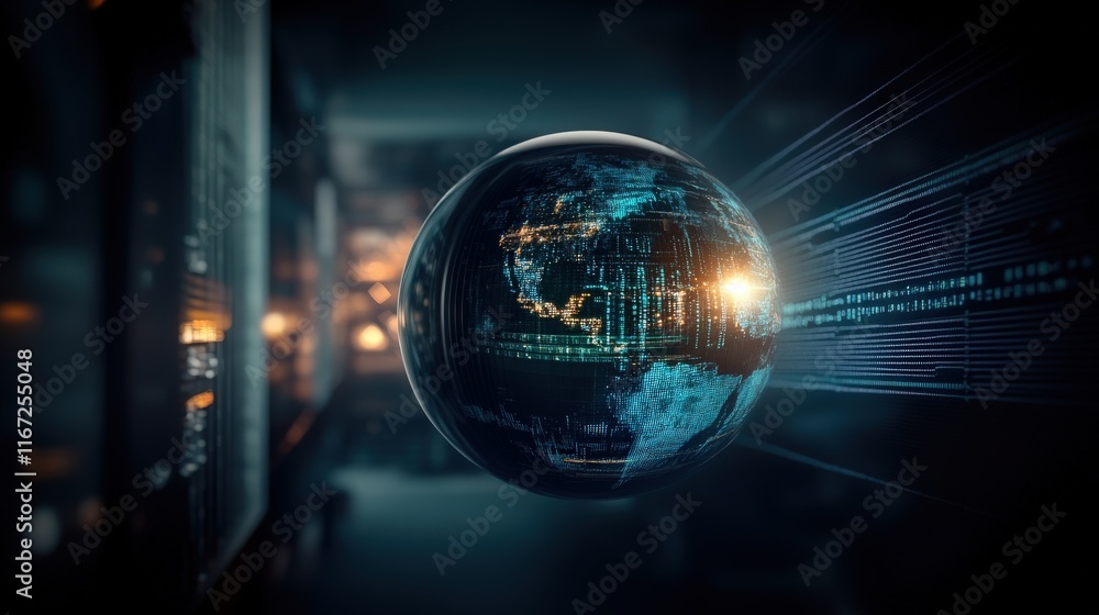 Aufkleber Digital Globe with Data Streams and Light Burst Illustrating Global Connectivity in an Abstract Futuristic Environment with a Focus on Technology and Innovation