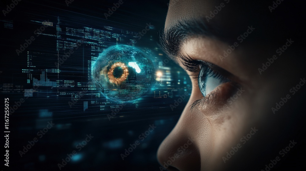 Poster Focused Human Eye in Front of a Futuristic Digital Sphere Representing Technology and Artificial Intelligence with Data Visualization Elements in a Dark Background