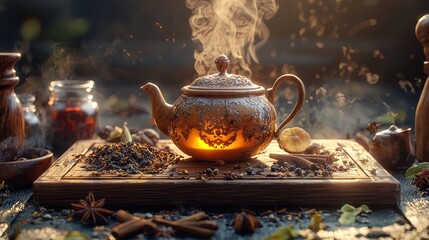 Aromatic Tea Ceremony: Steaming Kettle with Spices