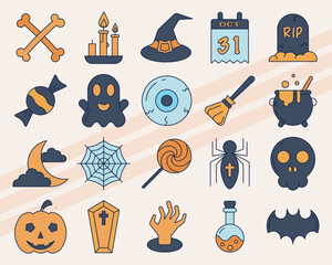 Set of vector icons related to Halloween including pumpkins ghosts and spooky elements