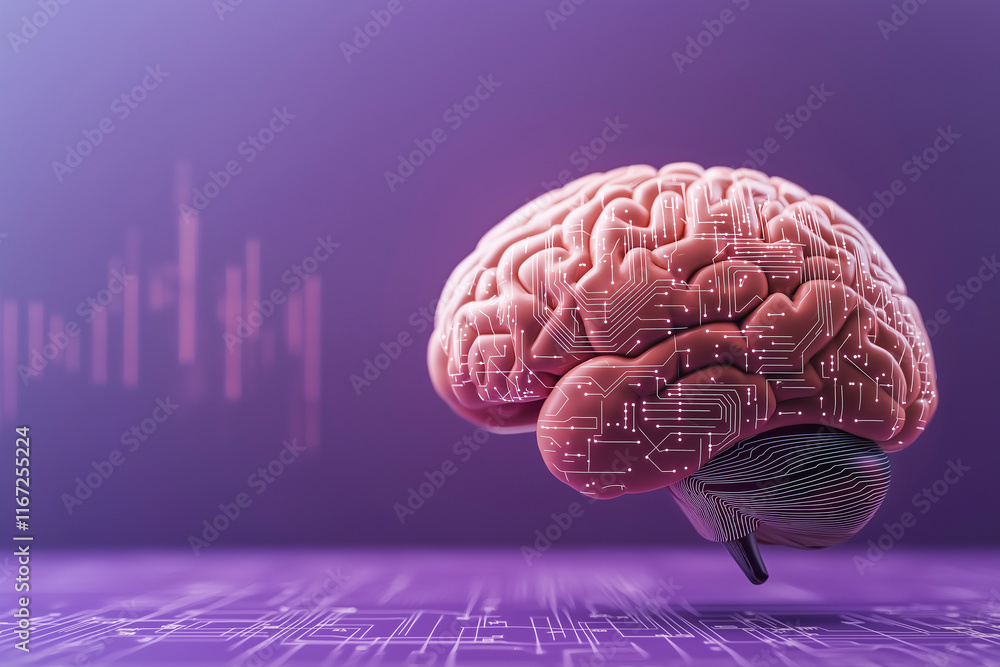 Poster human brain with circuit patterns on purple background, symbolizing technology and intelligence. int