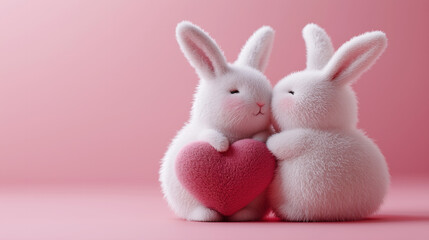 Fototapeta premium Two cute white rabbits with hearts on a pink background,Valentine's Day
