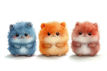 A cute illustration of three fluffy hamsters in pastel colors, showcasing their adorable features.