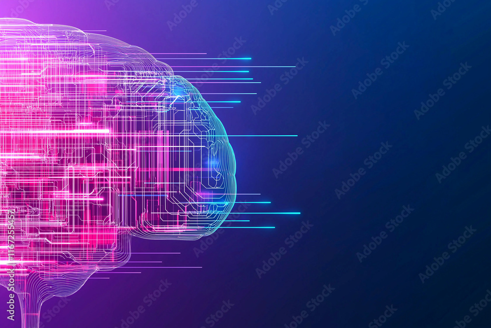 Poster digital brain illustration with vibrant lines representing neural connections and data flow, showcas