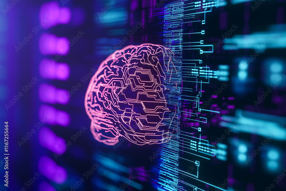 Poster digital brain illustration with circuit patterns, glowing in vibrant colors, symbolizes technology a