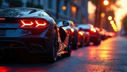 Luxury Sports Cars Line Up at Dusk