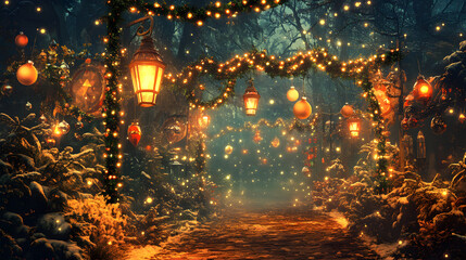 Exquisite Art Nouveau Christmas Scene with Unique Ornaments, Warm Glowing Lights, and an Inviting Atmosphere Capturing the Holiday Spirit