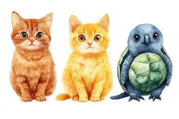A cute illustration featuring two kittens and a turtle, showcasing adorable animal characters.